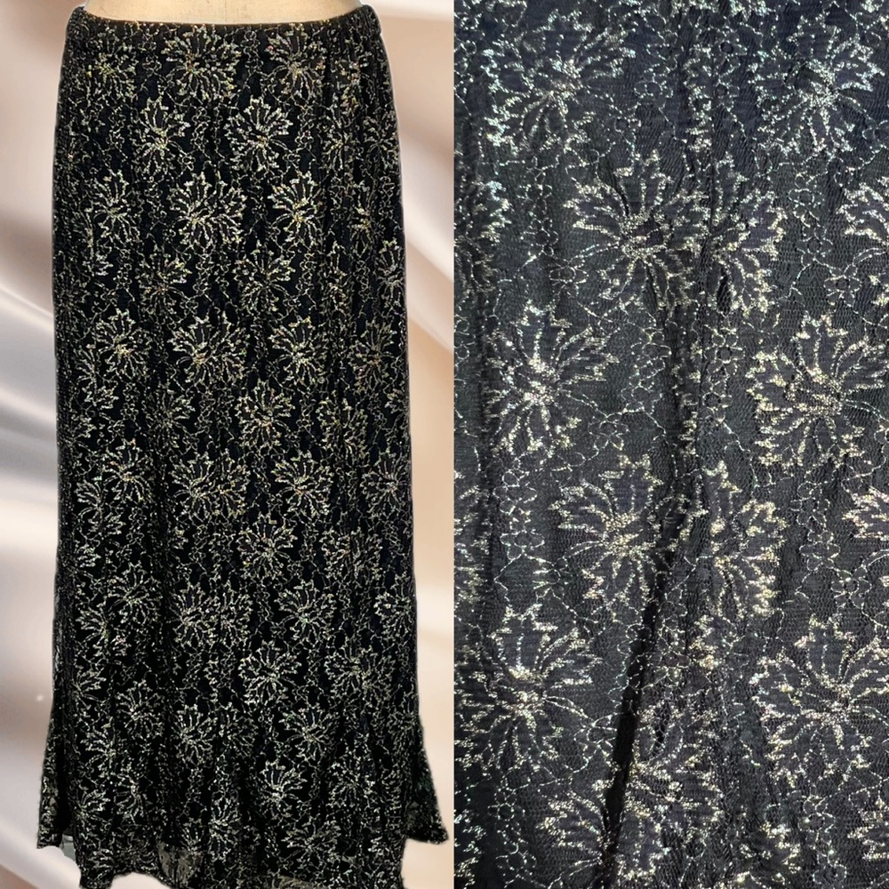 VINTAGE metallic gold‎ floral skirt long maxi elastic pull on waist y2k glam